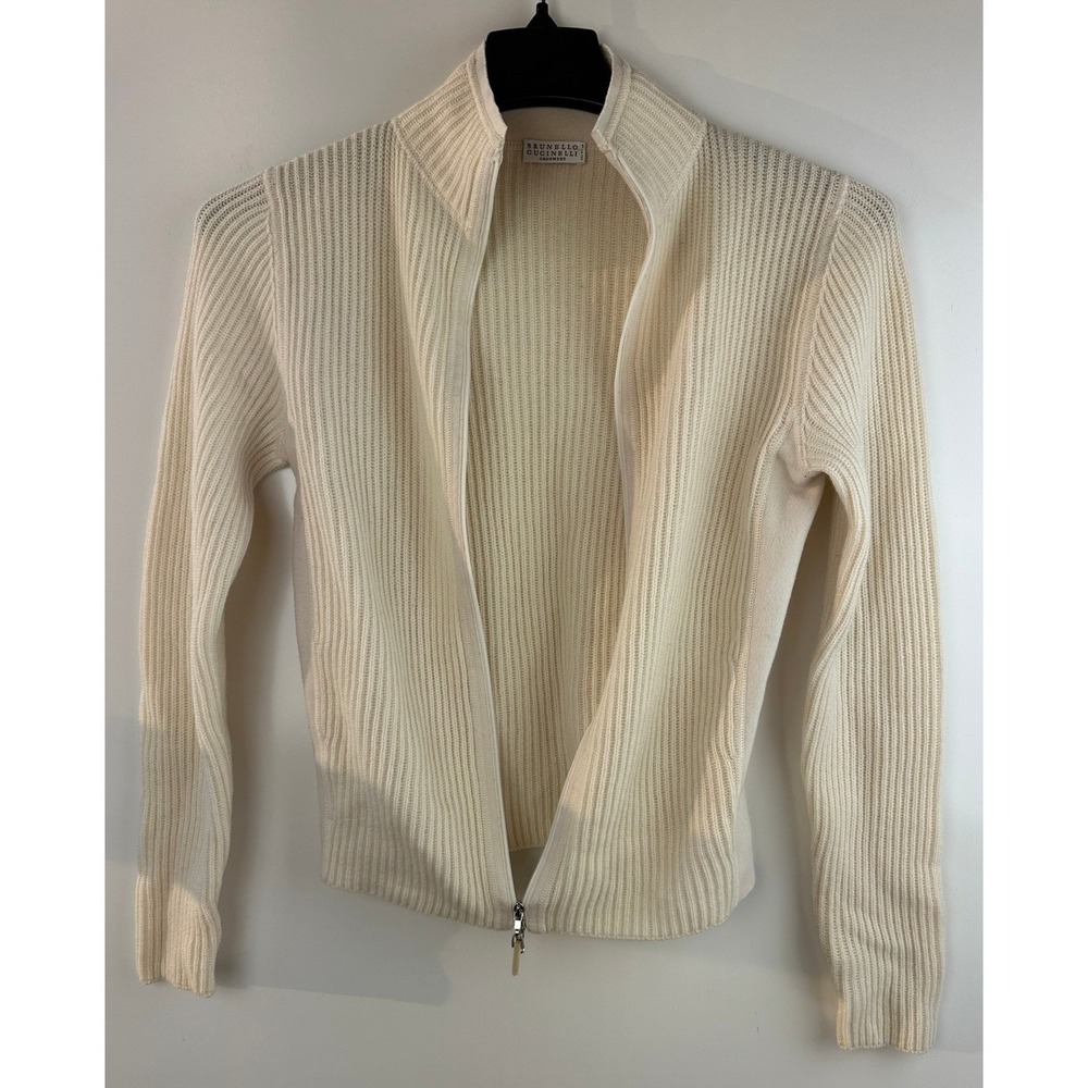 Brunello Cucinelli Cashmere Ribbed Full Zip Cardigan Cream Small Quiet Luxury - Picture 3 of 16